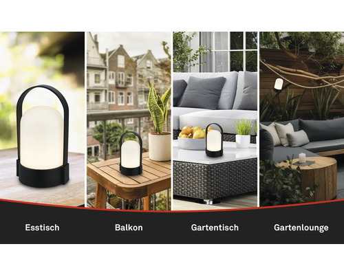 Tragbare LED-Tischleuchte für Außenbereiche wie Esstisch, Balkon, Gartentisch und Gartenlounge in verschiedenen Szenarien.