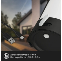 Wiederaufladbare Leuchte mit USB-C-Ladeanschluss und inklusivem 0,5 Meter langem Kabel.
