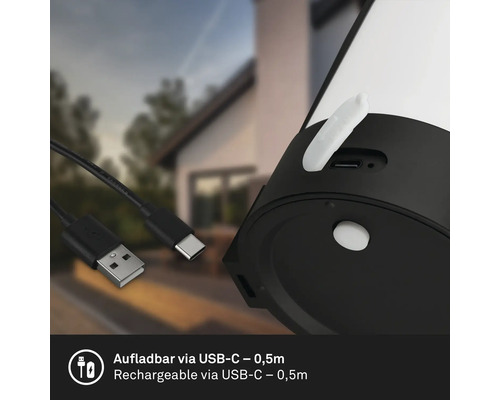 Wiederaufladbare Leuchte mit USB-C-Ladeanschluss und inklusivem 0,5 Meter langem Kabel.