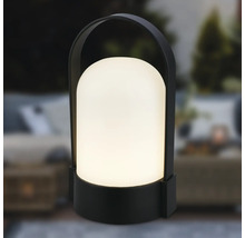 Moderne tragbare Außenleuchte mit schwarzem Gehäuse, Tragegriff und warmweißem Licht.