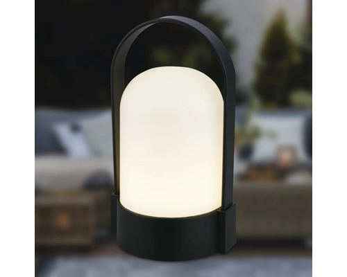 Moderne tragbare Außenleuchte mit schwarzem Gehäuse, Tragegriff und warmweißem Licht.