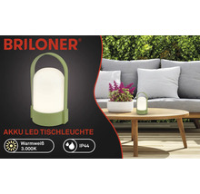 Briloner Akku LED Tischleuchte in Grün für außen, warmweißes Licht 3000 Kelvin, IP44 Spritzwasserschutz, tragbar mit Tragegriff.