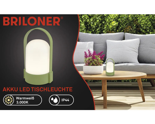Briloner Akku LED Tischleuchte in Grün für außen, warmweißes Licht 3000 Kelvin, IP44 Spritzwasserschutz, tragbar mit Tragegriff.