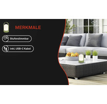 Tragbare Tischleuchte, stufendimmbar, inklusive USB-C Kabel. Moderne Außenlounge mit Sofa, dunklem Flecht-Couchtisch, Obstschale und Pflanzen.