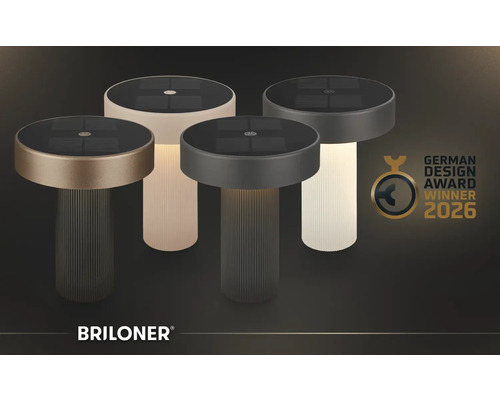 Briloner Solar-Tischleuchten mit geriffeltem Sockel und Solarpanel, Briloner Logo, Auszeichnung German Design Award Winner 2026.