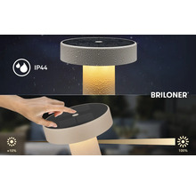 Briloner Solar-Tischleuchte mit IP44 Spritzwasserschutz und Touch-Dimmerfunktion von circa 10 bis 100 Prozent. Briloner Logo.