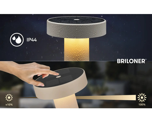 Briloner Solar-Tischleuchte mit IP44 Spritzwasserschutz und Touch-Dimmerfunktion von circa 10 bis 100 Prozent. Briloner Logo.