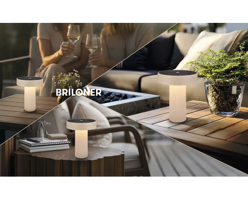 Briloner LED Außen-Tischleuchte auf Holztischen in verschiedenen Garten- und Terrassenszenen, modernes Design, kabellos.