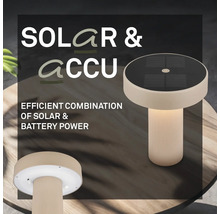 Moderne Tischleuchte mit Solarpanel und Akkubetrieb sowie geriffeltem Standfuß.