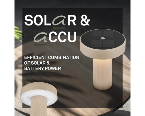Moderne Tischleuchte mit Solarpanel und Akkubetrieb sowie geriffeltem Standfuß.