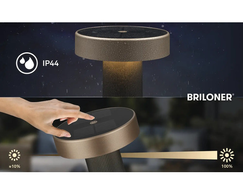 Briloner Logo. Solar Tischleuchte mit IP44 Schutzart und Touchdimmer von 10 bis 100 Prozent.