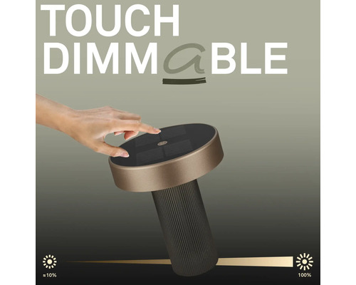 Dimmbare Lampe mit Touchfunktion zur Helligkeitsregulierung von 10 bis 100 Prozent.