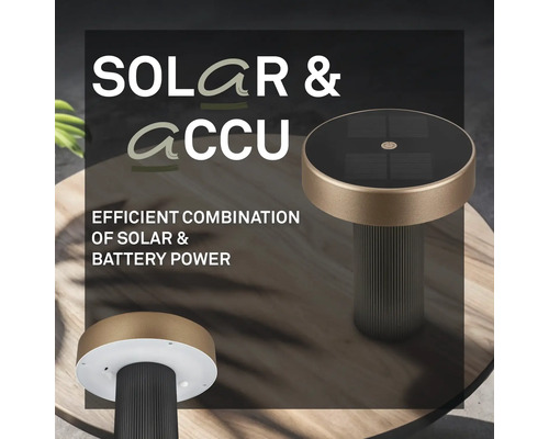 Solar- und akkubetriebene Tischleuchte für den Außenbereich auf einem Holztisch mit Solarpanel auf der Oberseite und geriffeltem Sockel.