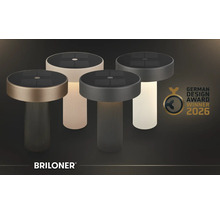 Briloner Solar-Tischleuchten mit geriffeltem Sockel und Solarpanel, Briloner Logo, Auszeichnung German Design Award Winner 2026.