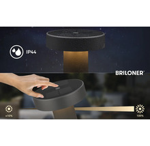 Außenleuchte mit Solarpanel, IP44 Spritzwasserschutz und Touch-Dimmfunktion von circa 10 bis 100 Prozent. Briloner Logo.