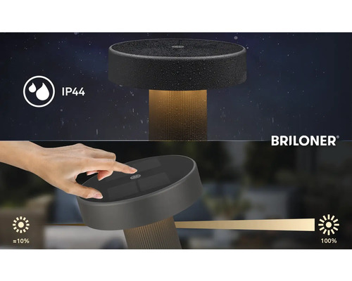 Außenleuchte mit Solarpanel, IP44 Spritzwasserschutz und Touch-Dimmfunktion von circa 10 bis 100 Prozent. Briloner Logo.