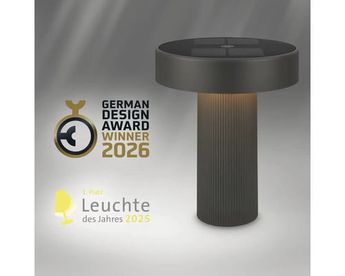Moderne Solar-Tischleuchte mit den Auszeichnungen German Design Award Winner 2026 und Leuchte des Jahres 2025.