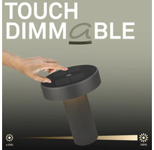 Hand berührt die Oberseite einer modernen Tischleuchte zur Steuerung der Touch-Dimmfunktion von circa 10 Prozent bis 100 Prozent Helligkeit.