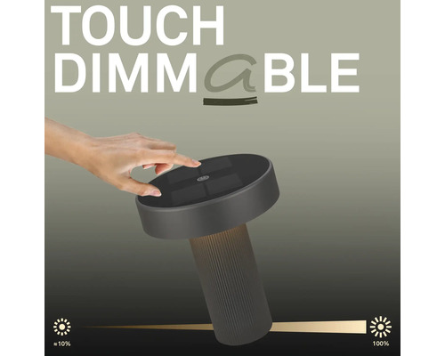 Hand berührt die Oberseite einer modernen Tischleuchte zur Steuerung der Touch-Dimmfunktion von circa 10 Prozent bis 100 Prozent Helligkeit.