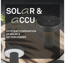 Moderne Außenleuchte mit kombinierter Solar- und Akkustromversorgung, integriertem Solarpanel und LED-Beleuchtung.