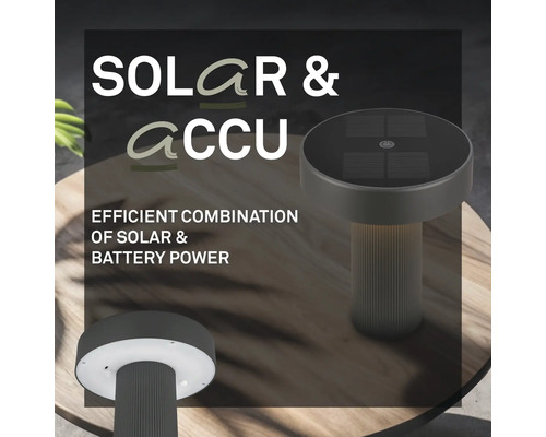 Moderne Außenleuchte mit kombinierter Solar- und Akkustromversorgung, integriertem Solarpanel und LED-Beleuchtung.
