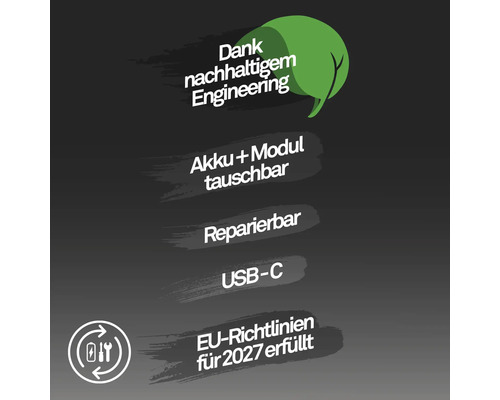 Nachhaltigkeitsinformationen: Akku und Modul austauschbar, reparierbar, USB-C Anschluss, erfüllt Richtlinien der Europäischen Union für 2027.