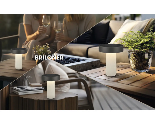 Briloner LED-Akku-Tischleuchte für außen, tragbar, auf Holzoberflächen in verschiedenen Gartenszenen mit Briloner Logo.