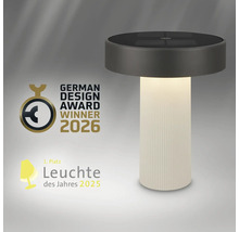 Moderne Leuchte mit geriffeltem Sockel, German Design Award Logo Winner 2026 und Leuchte des Jahres Logo erster Platz 2025.