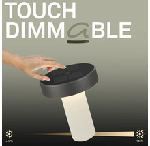Eine Hand berührt die Oberseite einer modernen Tischleuchte, um die Helligkeit anzupassen. Die Leuchte ist per Touch von circa 10 Prozent bis 100 Prozent dimmbar.
