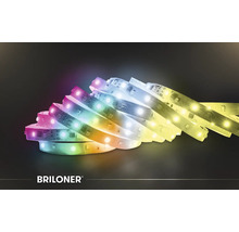 Briloner LED-Streifen mit Farbwechsel und weißem Licht für dekorative Beleuchtung. Briloner Logo.