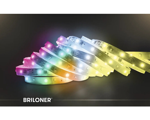 Briloner LED-Streifen mit Farbwechsel und weißem Licht für dekorative Beleuchtung. Briloner Logo.