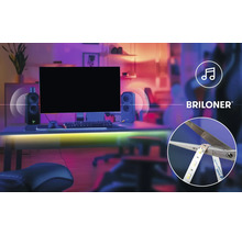 Briloner Logo, Gaming-Setup mit LED-Streifen, Musik-Synchronisation und Darstellung eines kürzbaren LED-Streifens.