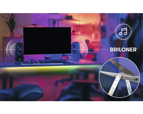 Briloner Logo, Gaming-Setup mit LED-Streifen, Musik-Synchronisation und Darstellung eines kürzbaren LED-Streifens.