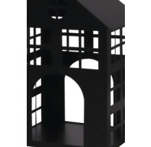 Schwarzes dekoratives Lichthaus aus Metall mit Fenster- und Türausschnitten.