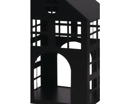 Schwarzes dekoratives Lichthaus aus Metall mit Fenster- und Türausschnitten.