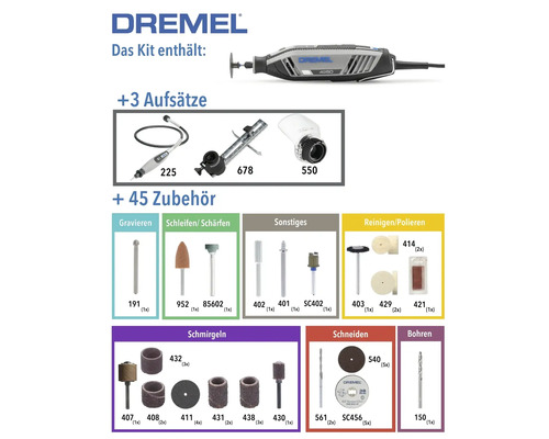 Dremel Logo. Dremel 4250 Multifunktionswerkzeug Kit mit 3 Vorsatzgeräten und 45 Zubehörteilen zum Gravieren, Schleifen, Reinigen und Schneiden.