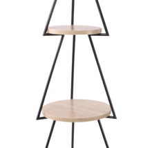 Mehrstöckiger Pflanzenständer mit schwarzem Metallgestell in geometrischer Form und zwei runden Holzböden.
