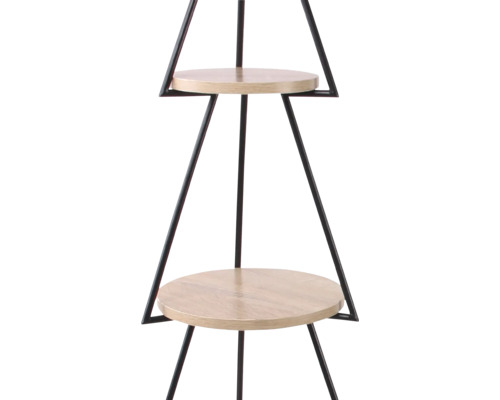 Mehrstöckiger Pflanzenständer mit schwarzem Metallgestell in geometrischer Form und zwei runden Holzböden.
