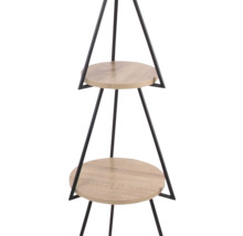 Pflanzen-Etagere mit zwei runden Holzböden und schwarzem Metallgestell.