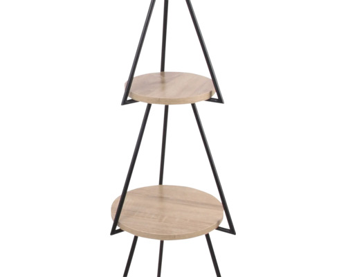 Pflanzen-Etagere mit zwei runden Holzböden und schwarzem Metallgestell.