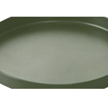 Runder, flacher Pflanzenuntersetzer aus Kunststoff in Dunkelgrün.