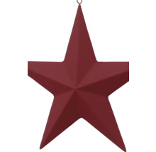 Roter Deko-Stern aus Metall mit fünf Zacken und Aufhängeöse.