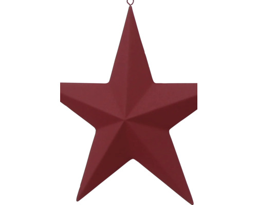 Roter Deko-Stern aus Metall mit fünf Zacken und Aufhängeöse.
