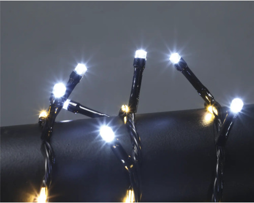 LED-Lichterkette mit kleinen weißen und warmweißen Lichtern an einem schwarzen Kabel.
