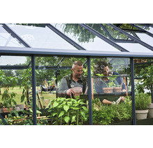 Ein Paar gärtnert in einem hellen Gewächshaus aus Glas und dunklem Metall, umgeben von Kräutern und Gemüsepflanzen in Töpfen.