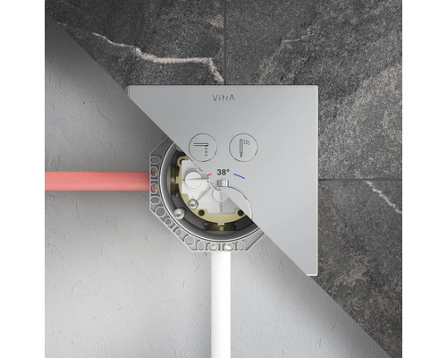 Schnittdarstellung einer VitrA Unterputz-Thermostat-Armatur mit Einbaukörper, Symbolen für Wanne und Brause sowie Anzeige von 38 Grad.