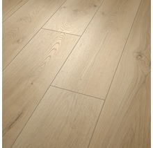 Laminatboden in heller Eichenoptik mit natürlicher Holzmaserung und Dielenstruktur.