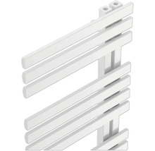 Badheizkörper in Weiß mit horizontalen Flachrohren und seitlichen Sammelrohren.