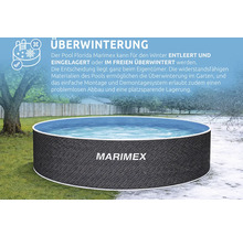 Marimex Florida Aufstellpool im Garten mit Marimex Logo und Erklärungen zur Überwinterung im Freien oder zur Einlagerung.