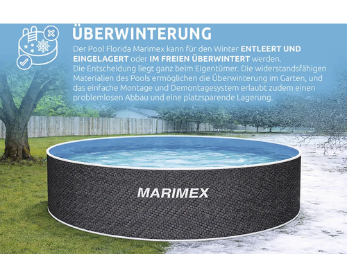 Marimex Florida Aufstellpool im Garten mit Marimex Logo und Erklärungen zur Überwinterung im Freien oder zur Einlagerung.